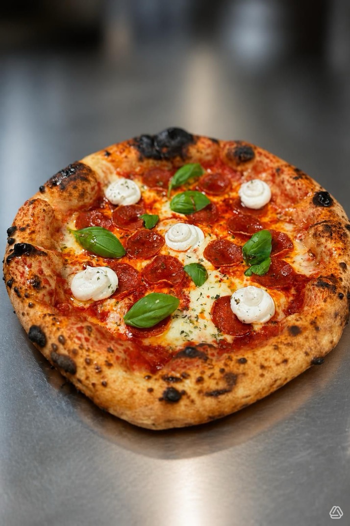Nybakad pizza med pepperoni, burrata och basilika från Kuben